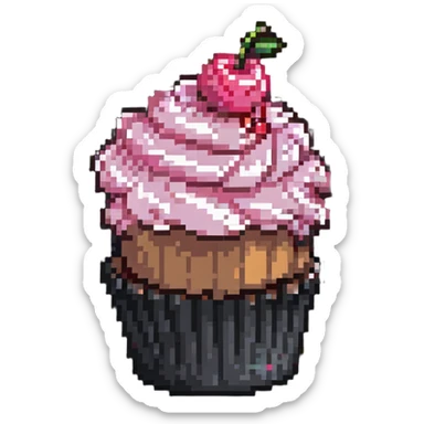 pixel art cupcake with pink icing and a cherry on top sticker