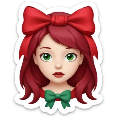 A cute girl biting her lip with a bow in her hair. Dark red hair and gray green eyes sticker