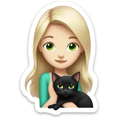 White brown-haired blue-eyed girl hugging black cat with green eyes sticker
