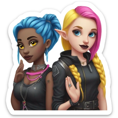 Blue eyed long eye lashes pout blonde and pink hair pale hime gyaru girl, hot pink and yellow split-dyed hair, nose ring, elf ears, dark makeup, punk clothes standing next to three diffrent men praying on their knees sticker