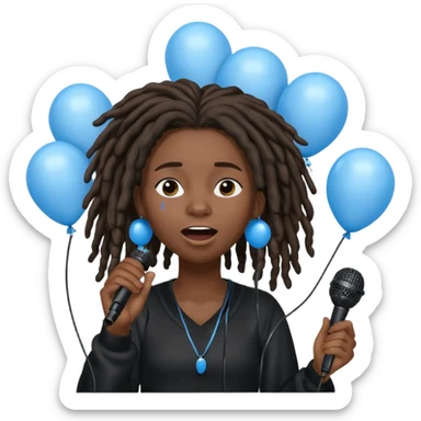 Black girl Stud with dreadlocks singing dressed in black crying 1,2,3 release em with white and blue balloons flying overhead emoji like with mic in hand  sticker