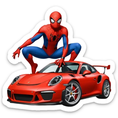 Die-cut sticker of Spider-Man sitting on a Porsche 911 GT3 RS, bold vector art, thick white border, isolated on green hilly background. sticker
