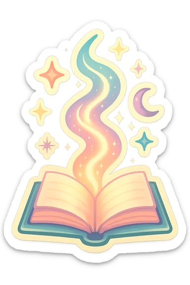 open book with whirlwind of light and magical symbols, retro stickers style, pastel palette #98B5BC, #B5B3C1, #C9A3C9, #E4C0CA, #F7DCD1, #F7C0AA, detailed shadows and highlights, soft lighting, transparent background, no decorative elements sticker