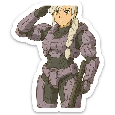 standing salute, weapons-at-arms, female, wearing reach spartan armor shoulder-unequip, long white braid hair with massive messy front side single bangs, gold yellow eyes, attention pose, D-cup size, HALO:series, no helmet, the armor is lavender color scheme, sticker