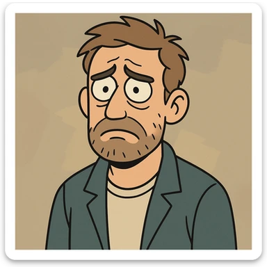a sad and lost looking man, expressive face, simple background, modern cartoon style sticker