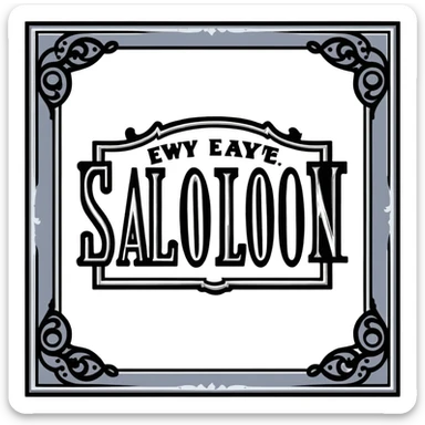 connected BLK letters in western saloon font style with silver outline, old west typography, black text with ornate silver frame sticker