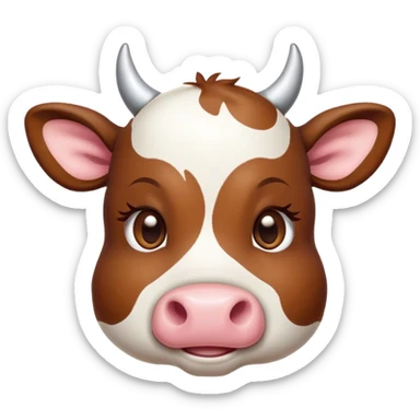 Cinematic Cute Brown and White Cow Portrait Emoji, Head tilted playfully and inquisitively, featuring a glossy, richly patterned hide of brown with striking white patches, round, sparkling brown eyes filled with gentle curiosity, Simplified yet irresistibly adorable features, highly detailed, glowing with a warm, friendly glow, high shine, affectionate and serene, stylized with a touch of country charm, bright and endearing, soft glowing outline, capturing the essence of a mischievous yet loving cow, so playful it feels like it could moo out of the screen and into your arms! sticker