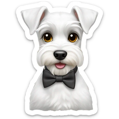 Miniature white German schnauzers are wearing a bowtie sticker