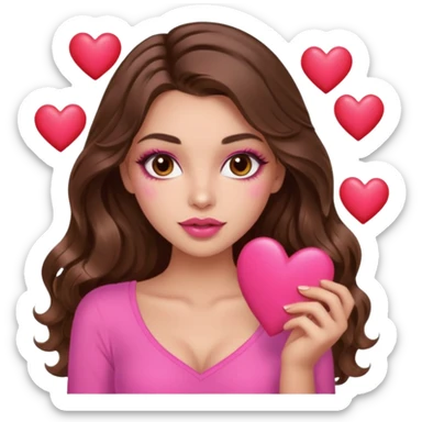 girl with long wavy brown hair, brown eyes, long lashes makeup, sexy pink lips, light to medium complexion, wearing a pink sexy top, many  hearts in hand sticker