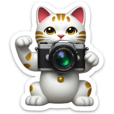 maneki neko with a camera on the ground between the legs, and the arm up sticker