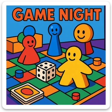 game night scene with colorful game pieces sticker