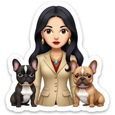 latin woman in fancy clothes with long black hair standing alongside two French bulldogs  sticker