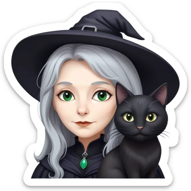 Long grey haired witch with black cat sticker