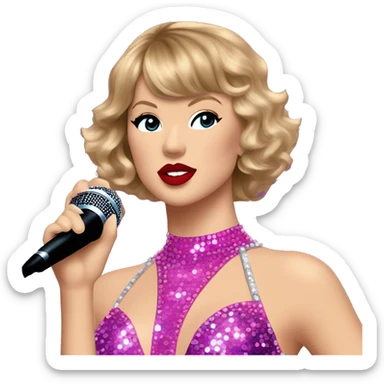 Taylor Swift wearing bedazzled pink and purple leotard bodysuit with microphone and red lipstick on stage sticker