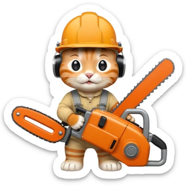 a cat in a construction helmet holds a chainsaw in his hands sticker