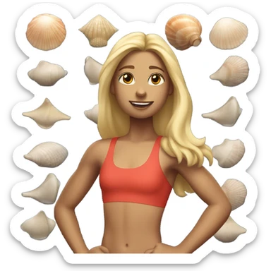A girl with long blonde hair with wide shoulders wearing a Great Britain rowing swimming suit and has toned muscles and a sea shell necklace  sticker