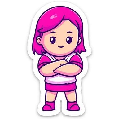 Shy girl character with arms crossed, transparent glass style, bright pink gradient, soft shadows and highlights, minimalist cute design sticker