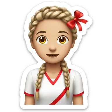  girl with braided hair and a red ribbon sticker