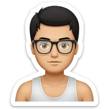 portrait of man, wearing a tank top, square glasses, black hair sticker