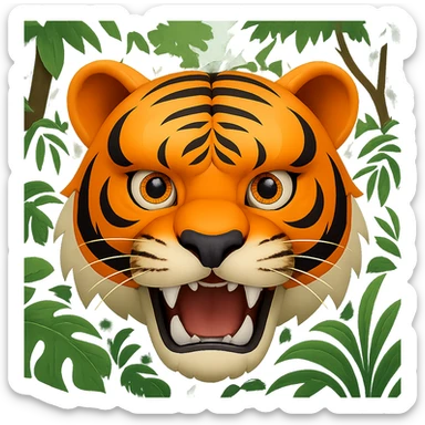 Add a lush green jungle background behind the roaring tiger in the style of apple emojis, preserving the apple emoji style and look. sticker