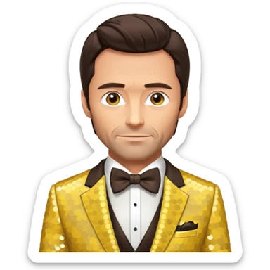 Hugh Jackman with dark brown hair, yellow sequin suit with bow tie sticker
