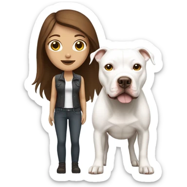 white woman with straight long brown hair standing alongside a white pitbull sticker