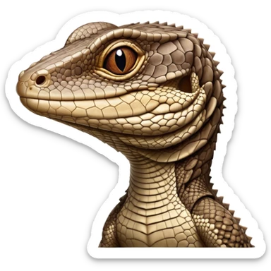 Cinematic Comical brown camo spotted monitor Lizard Portrait Emoji, Head tilted dramatically with an exaggeratedly shocked expression, featuring a robust, patterned body with wide, comically expressive eyes full of humorous disbelief, Simplified yet hilariously expressive features, highly detailed, glowing with a slightly sassy glow, high shine, dramatic yet playful, stylized with an air of quirky reptilian attitude, soft glowing outline, capturing the essence of a meme-worthy brown camo spotted monitor lizard that looks ready to side-eye its way into viral fame! sticker