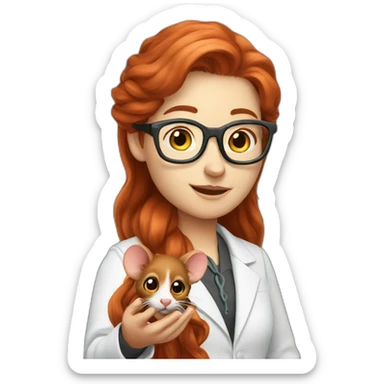 Redhead long hair with glasses scientist holding mouse on her hand sticker