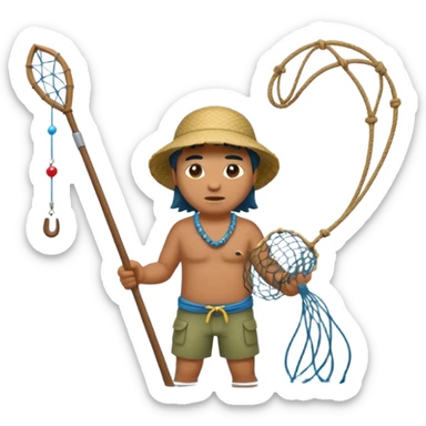 A Polynesian fisherman standing in the water fishing with a net sticker