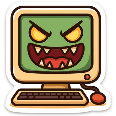 Make the computer virus icon look more dangerous by exaggerating the mischievous face with sharp teeth and glowing eyes. Keep the playful cartoon style with no background. sticker