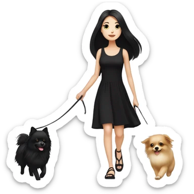 pale girl with long black hair wearing black dress walking with pomeranian sticker