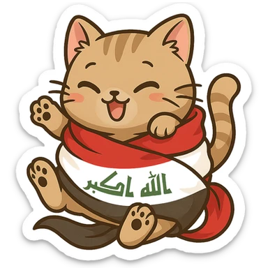 cat tangled in the Iraq flag, humorous and lighthearted, cartoon style sticker