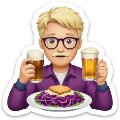 Man with wire framed glasses german eating schnitzel, red cabbage, sauerkraut, potato salad, and beer. Man is blonde and no mustache sticker