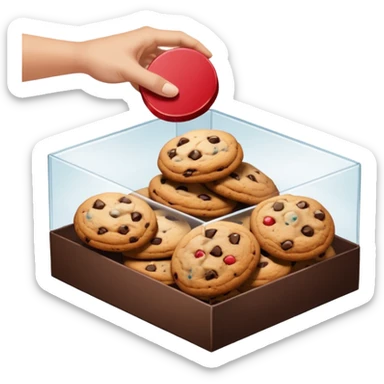 a hand taking a package from a transparent box of cookies sticker