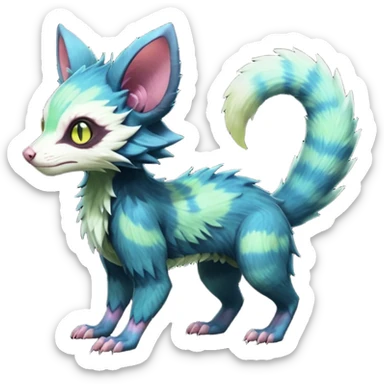 Realistic Sharp mossy elemental detailed Colorful translucent luminescent glowing Trico-Lykoi-Noibat-Sergal-Furret-Ferret-Wolverine-Vernid-furry-fursona-fusion-Fakemon-animal-hybrid-creature, full body sticker