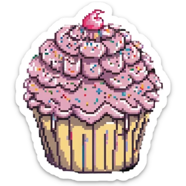 giant cupcake with pink icing and colorful sprinkles in pixel art style sticker