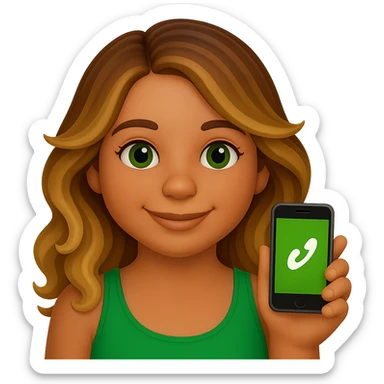 Make her eyes a little darker, give her a rounder face, and a soft smile. Keep the iPhone emoji style with long wavy hair with brown roots and blonde highlights, brown eyebrows, and summer tan. Maintain the transparent background. sticker