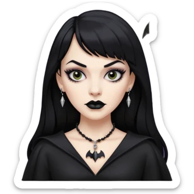 vampira mulher branca com cabelo preto longo com franja quadrada, sobrancelha grossa e lábios com batom preto com colar preto e pingente de morcego preto sticker