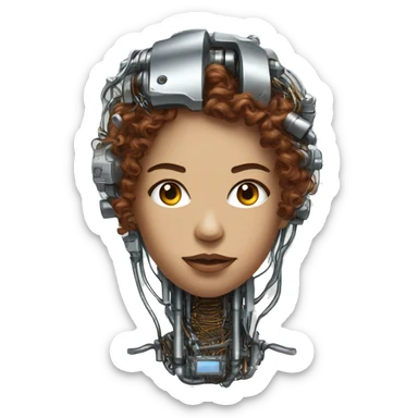 metal female cyborg head with brown curly hair and circuitry sticker