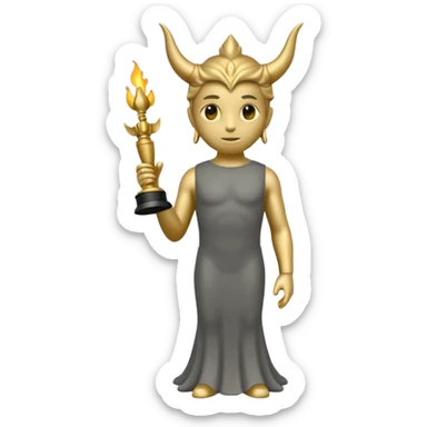 Minimalist emoji-style sticker of a full-body Oscar-like statue in matte gray-gold, with small horns  and faint flames at the base, all in black and muted hues sticker