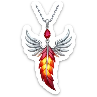 ruby pendant shaped like a phoenix feather, glowing with fiery energy, silver chain undulating magically sticker