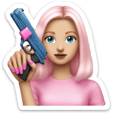 White Girl hand pink nails holding pink gun with blue eyes sticker