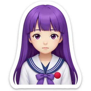 Shy anime girl with purple long hair and bangs wearing Japanese sailor style school uniform, blushing, kawaii style sticker