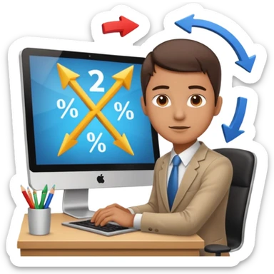 A person sitting at a desk working and looking at a computer with upward arrows and percentage signs, suggesting digital sales, marketing, or outreach. sticker