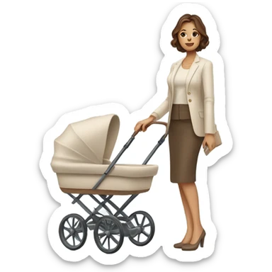 beautiful mother with brown hair. next to beige baby carriage sticker