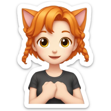 Ginger anime girl making heart with fingers has cat ears sticker