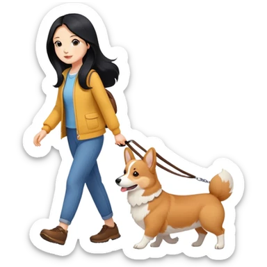 A girl with long black hair walking a corgi sticker