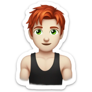 a boy with red hair in a mullet style cut, vampire like pale skin, green eyes, tattoos on his arms, a black tank top, lots of piercings  sticker