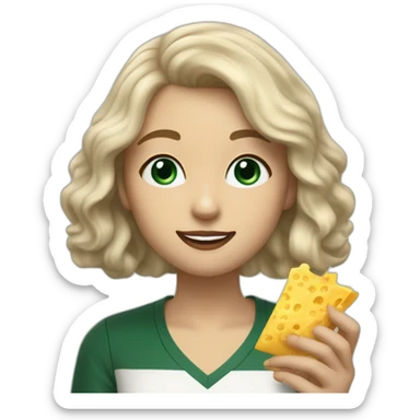 Slytherin girl with short wavy ash blonde bob hair and blue eyes eating chips and cheese sticker
