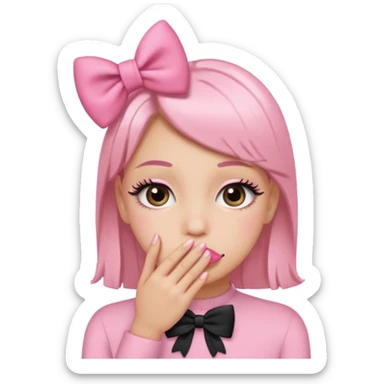 Hayır sırta emoji olsun eli ağzında olsun gözlerinde kirpik olsun kafasının yanında da kurdele olsun sticker